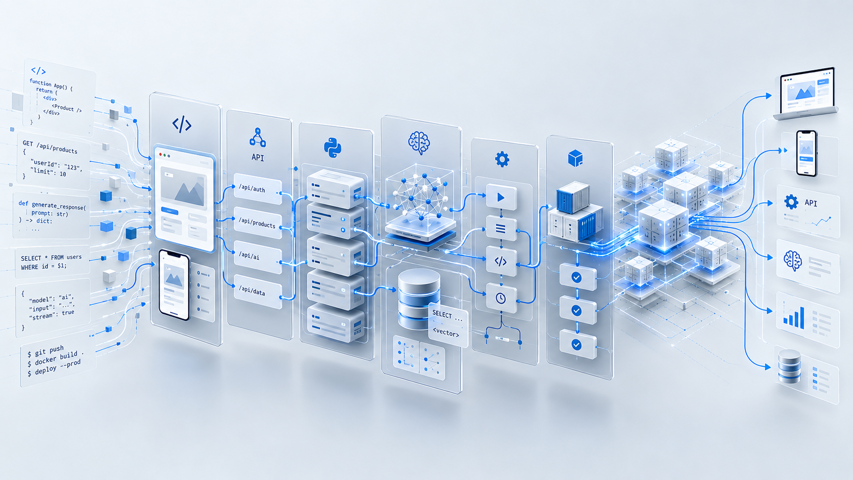 Software interface layers, APIs and data platforms connected to a central AI processing system